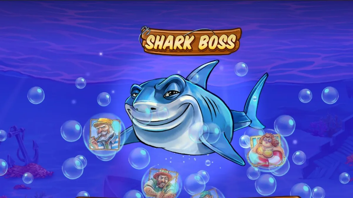 Larawan ng Shark Boss slot game sa isang mobile device, nagpapakita ng pating na nangingisda sa bangka na may makulay na graphics.